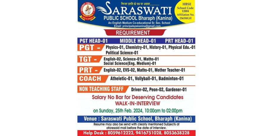 Jobs for Teaching and Non-Teaching in Saraswati Public School, Kanina – Haryana