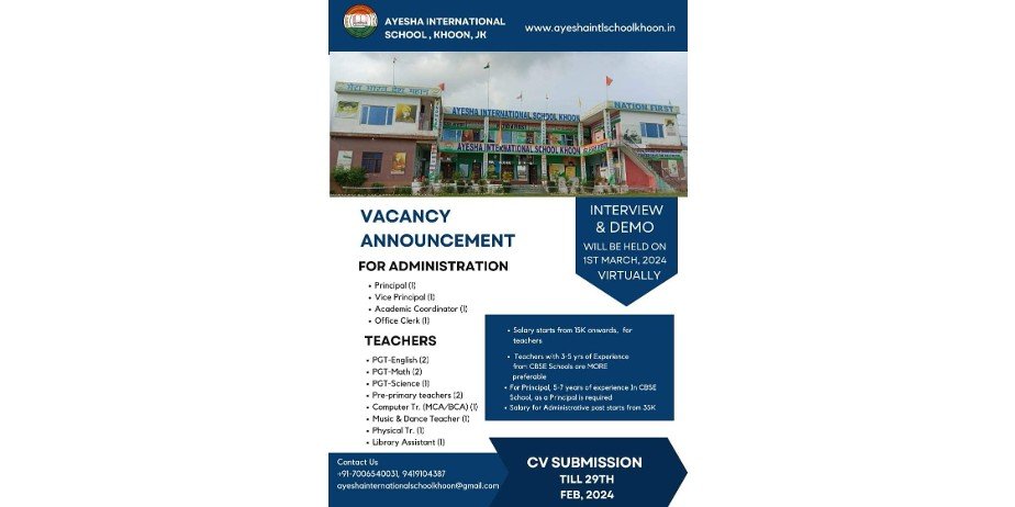 Jobs Opening in Ayesha International School, Khoon, Jammu & Kashmir