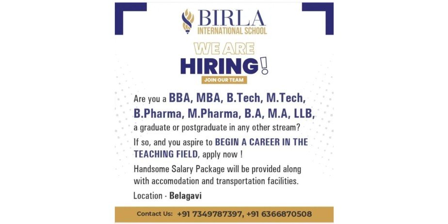 Job Openings in Birla International School, Belagavi, Karnataka