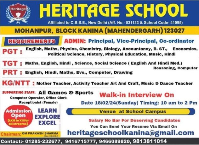Teacher Vacancy At Heritage School, Mohanpur, Haryana