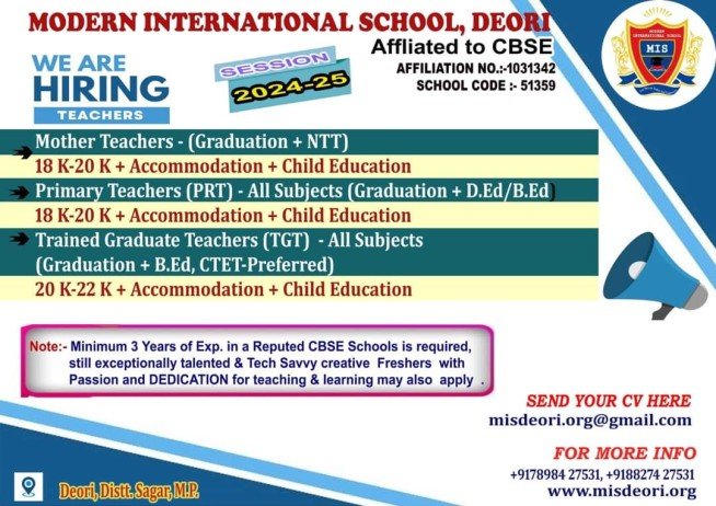 Teachers Job in Modern International School, Deori, (Madhya pradesh)