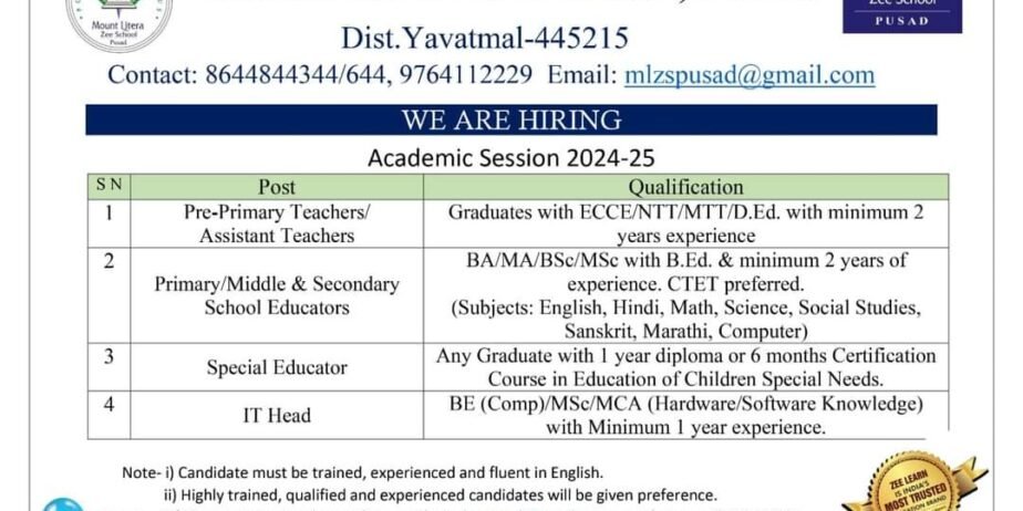 Teacher Vacancy at Mount Litera Zee School, Pusad