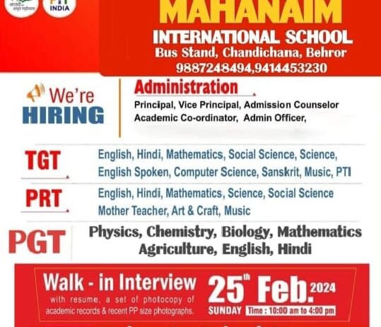 Teacher Vacancy at Mahanaim International School Behror, Rajasthan