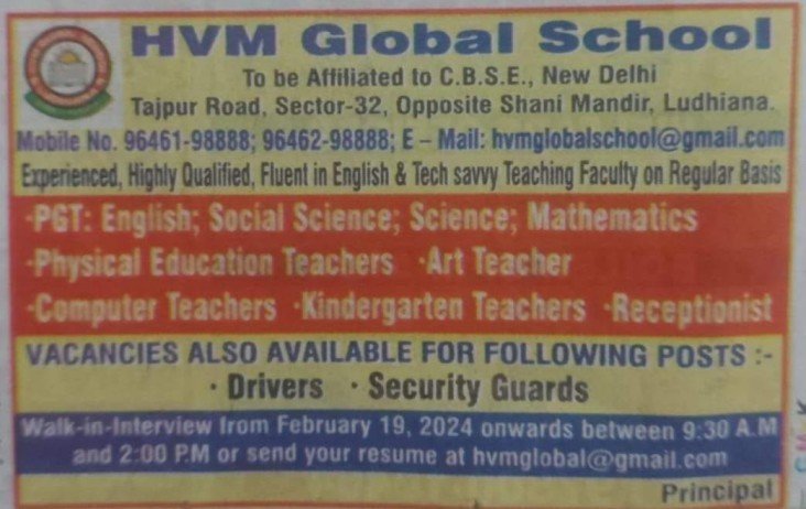 Teacher Vacancy at HVM Global School,  Ludhiana, Punjab