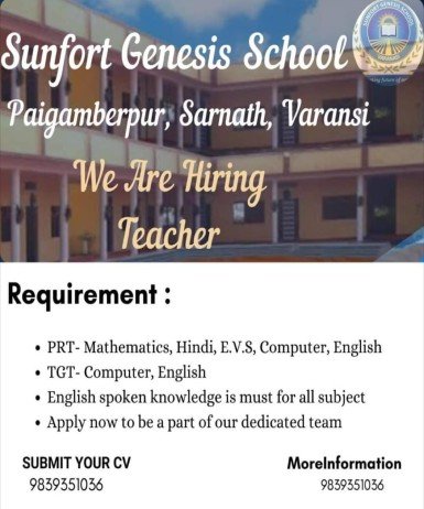 Job Vacancy at Sunfort Genesis School, Varanasi, U.P.