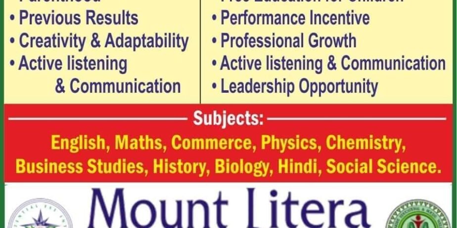 Teacher Vacancy at Mount Litera Zee Sr. Sec School, Tamilnadu