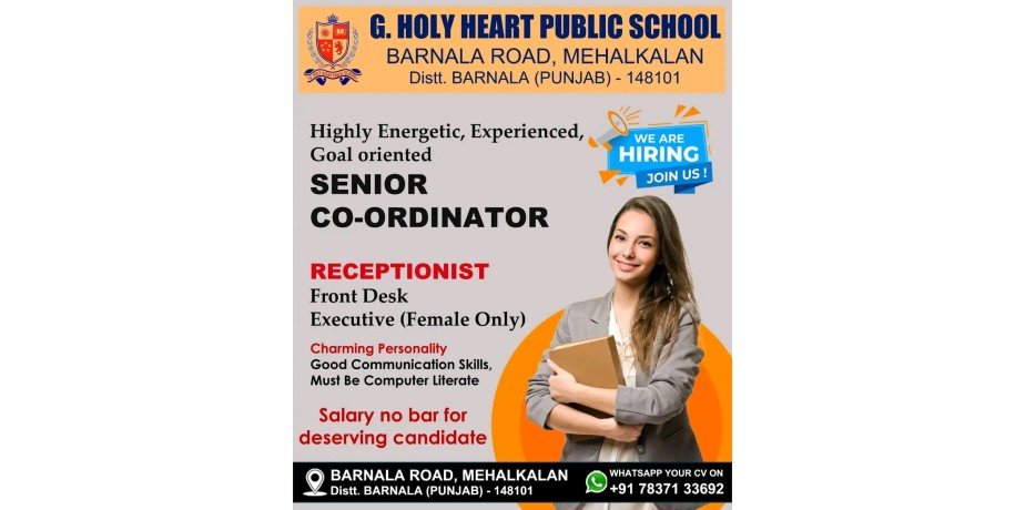 Job Opening for Receptionist in G. Holy Heart Public School, Barnala (Punjab)