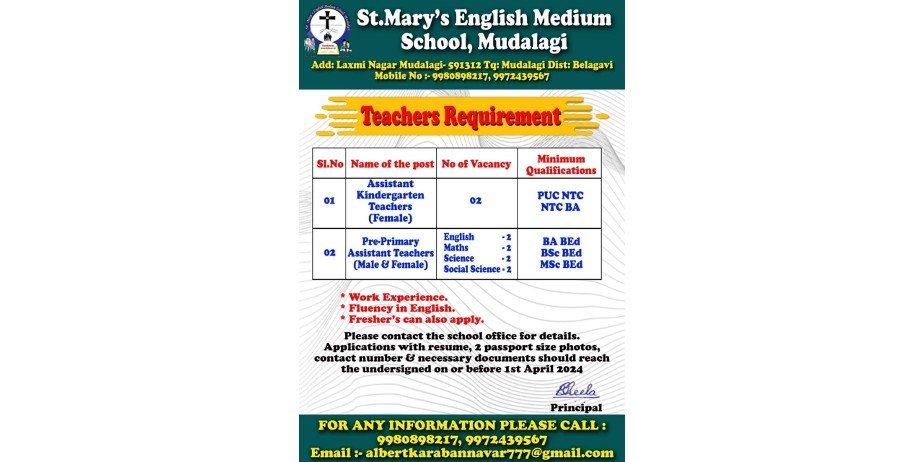 Job Opening in St. Mary’s English Medium School, Mudalagi, Karnataka