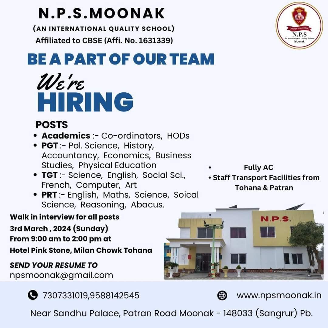 Jobs Opening in N.P.S MOONAK, Sangrur, Punjab.