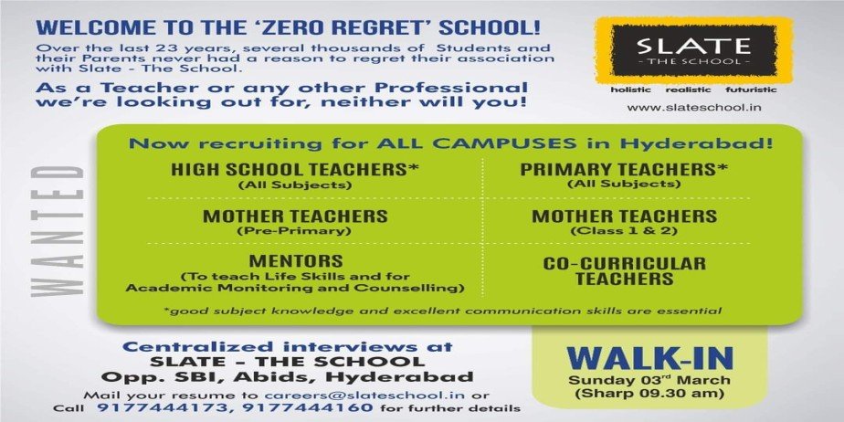 Teachers Job at SLATE – The School, Hyderabad