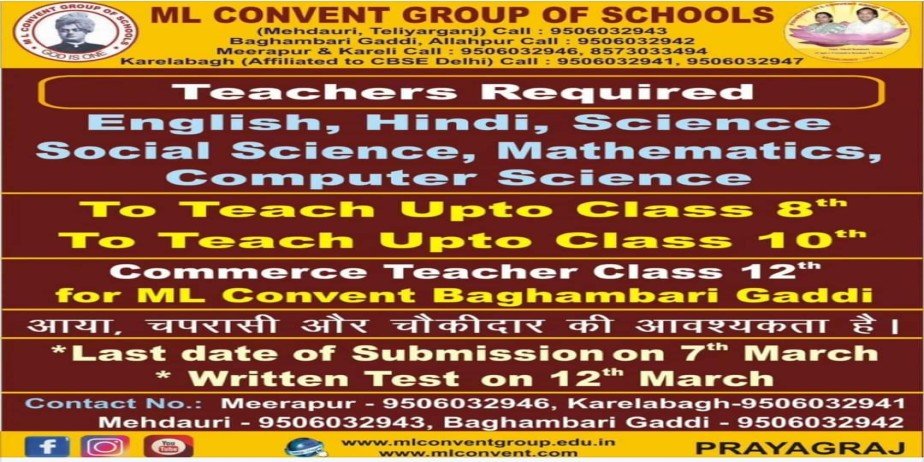 Teachers Job at M L Convent Group of  School, Uttar Pradesh
