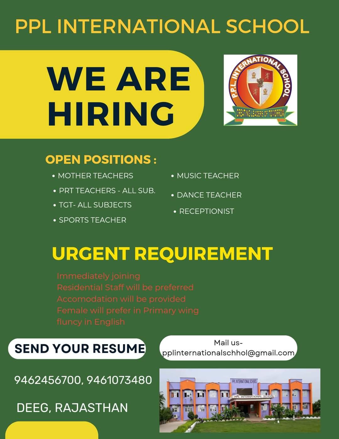 Teacher Vacancy at PPL International School, Rajasthan