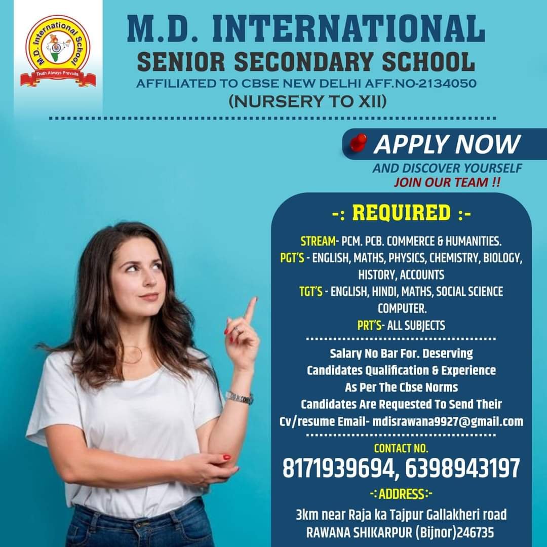 Teacher Jobs Opeining in M.D. International Senior Secondary School