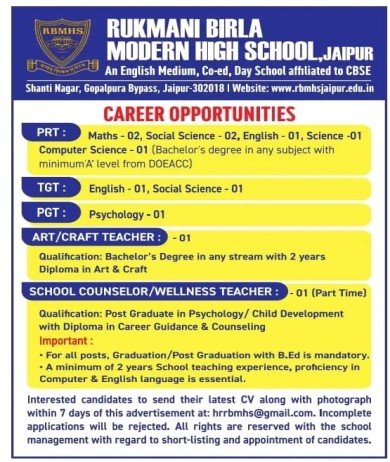 Teachers Job at Rukmani Birla Modern High School, jaipur
