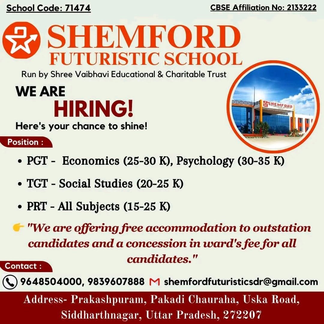 Jobs Opening in SHEMFORD FUTURISTIC SCHOOL, Siddharthnagar, Uttar Pradesh