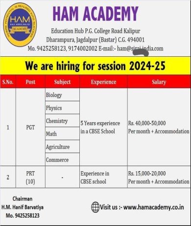 Teachers Job at HAM Academy, Jagdalpur, Chhattisgarh