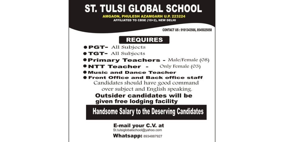 Jobs Openings for Teachers in St. Tulsi Global School, Azamgarh, UP