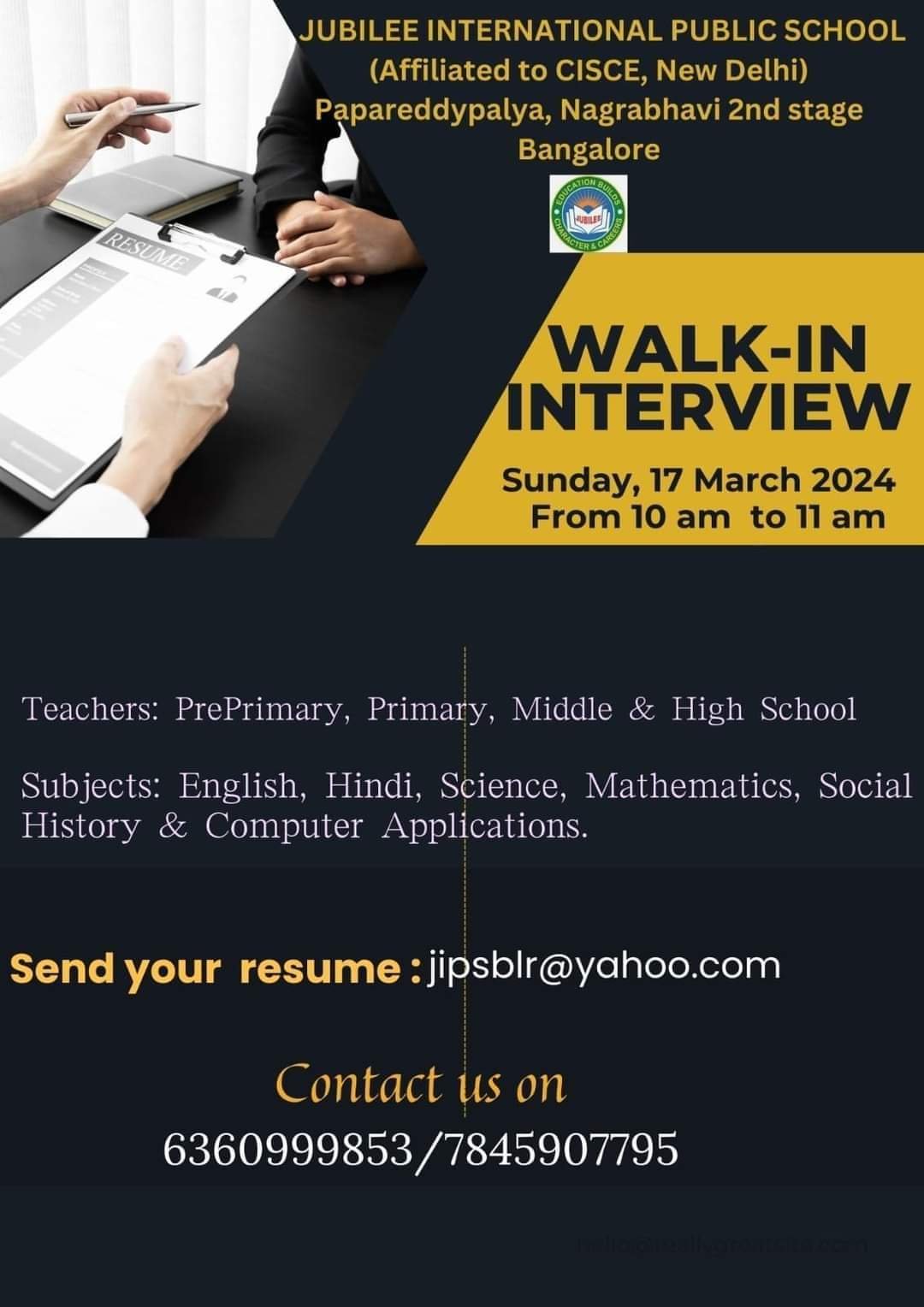 Jobs Opening in JUBILEE INTERNATIONAL PUBLIC SCHOOL, Bangalore