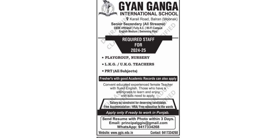 Job Opening for Teachers in Gyan Ganga International School, Punjab