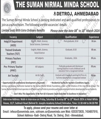 Teachers Job at The Suman Nirmal Minda School, Detroj, Gujarat