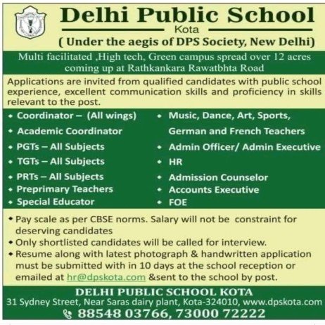 Teachers Job at Delhi Public School, Kota