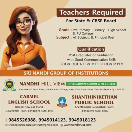 Job Opening For Teachers at Nandhi Hill View International School & PU College