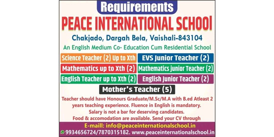 Teachers Job Openings in Peace International School, Chakjado, Dargah Bela, Vaishali