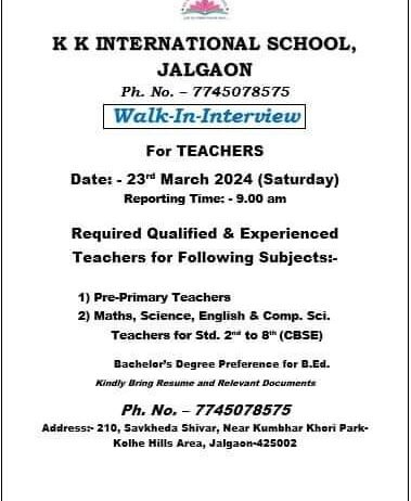 Jobs Opening in KK INTERNATIONAL SCHOOL, JALGAON