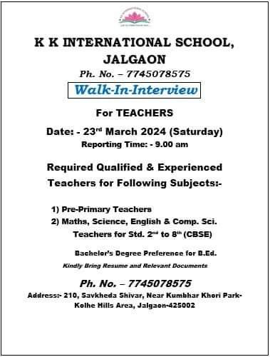 Jobs Opening in KK INTERNATIONAL SCHOOL, JALGAON