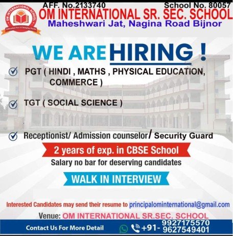 Teachers Job at Om International Sr. Sec. School, Nagina Road Bijnor, Uttar Pradesh