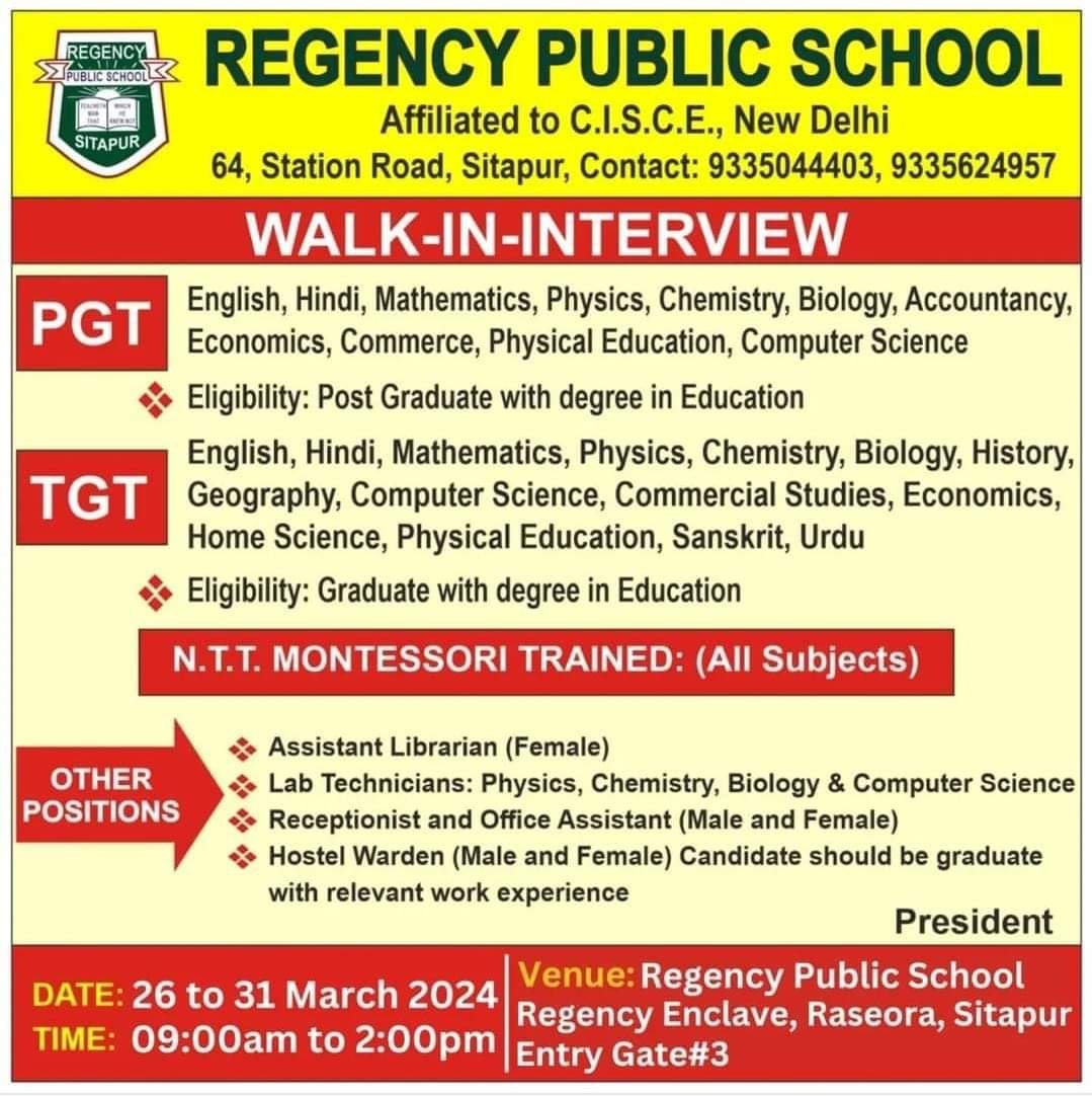 Jobs Opening In Regency Public School, Sitapur, U. P.