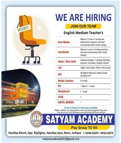 Teachers Job in Satyam Academy, Rajasthan