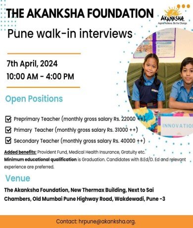 Teachers Job at The Akanksha Foundation, Pune