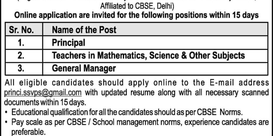 Teacher Job in S.S.V.P.Sanstha’s Chhatrapati Shivaji Public School, Dhule, Maharashtra