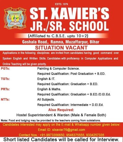 Teaachers Job at St. Xavier’s Junior/Senior School, Muzaffarpur, Bihar