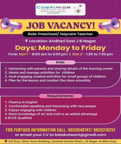 Teachers Job at Cosmi Kids International, Mumbai, Maharashtra