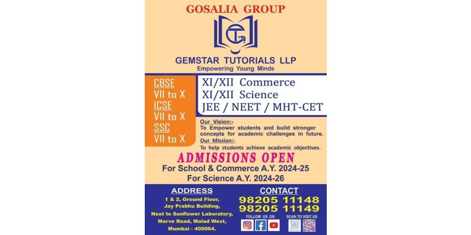 Teachers Job Opening in Gosalia Group Gemstar Tutorials LLP, Marve Road, Malad West, Mumbai