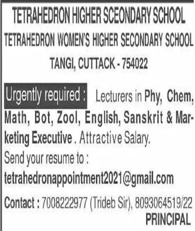 Teachers Job at Tetrahedron Women’s Higher Secondary School, Tangi, Odisha