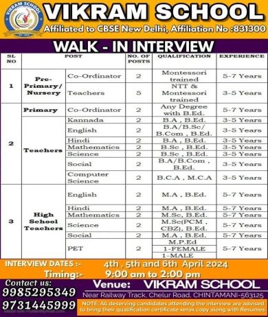 Teachers Job at Vikram School, Karnataka