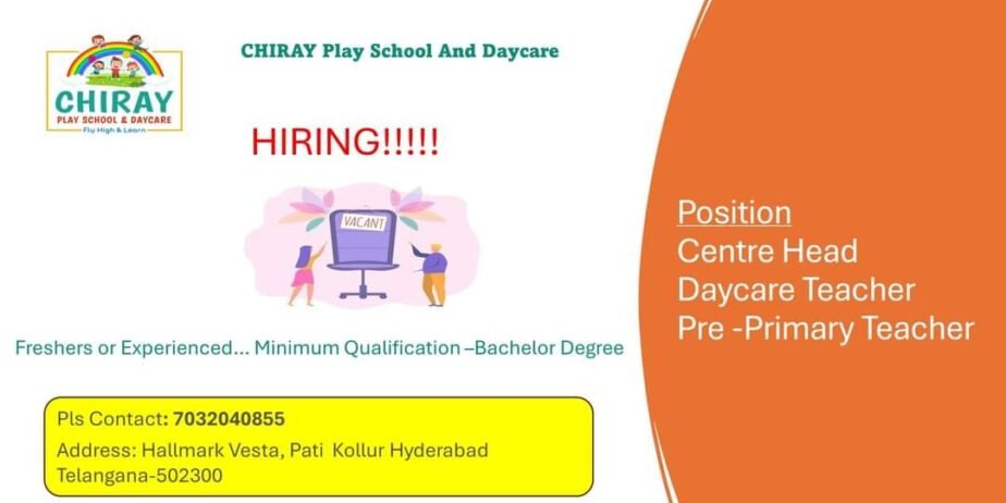 Jobs Opening in CHIRAY Play School And Daycare, Pati Kollur Hyderabad