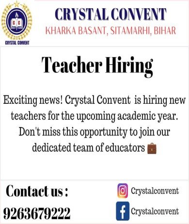 TEACHERS JOBS AT CRYSTAL CONVENT, SITAMARHI, BIHAR
