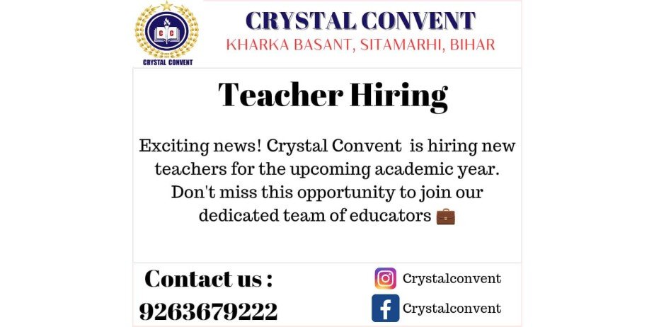 Teacher Job Openings in Crystal Convent, Sitamarhi, Bihar