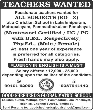 Teachers Job at Good Shepherd’s Global Matric School, Chennai, Tamil Nadu