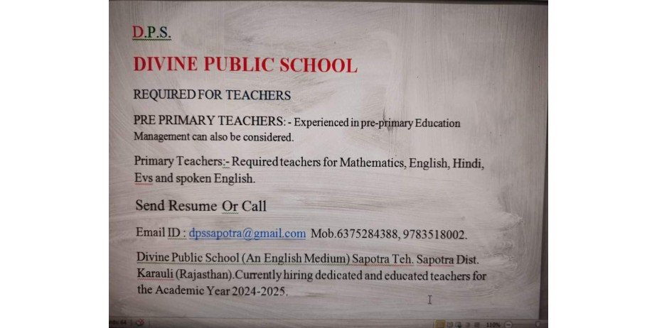 Teachers Job Opening at Divine Public School,  Sapotra, Dist. Karauli, Rajasthan India.