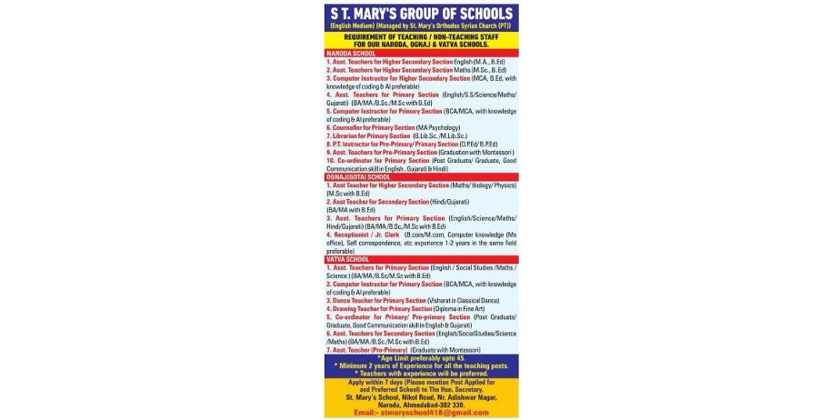 Teachers Job Openings in St. Mary’s Group of Schools, Ahmedabad, Gujarat