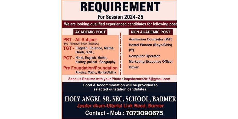 Teaching & Non Teaching Staff Job Openings in Holy Angel Sr. Sec. School, Barmer, Rajasthan
