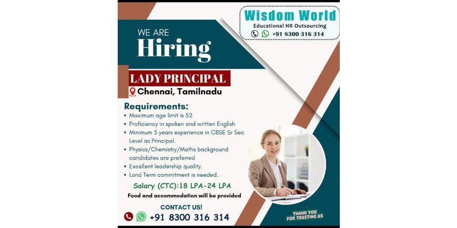 Lady Principal Job Opening in Wisdom World Educational HR Outsourcing School, Chennai, Tamil Nadu