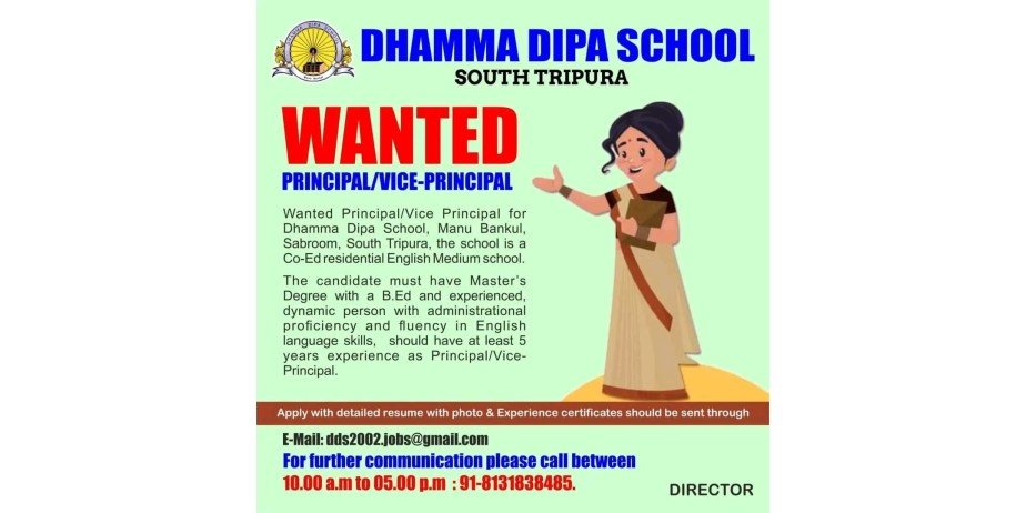Principal & Vice Principal Job Openings in Dhamma Dipa School, South Tripura,