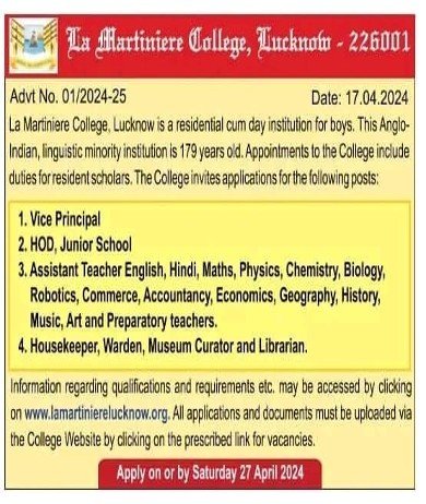 Teachers Job at La Martiniere College, Lucknow