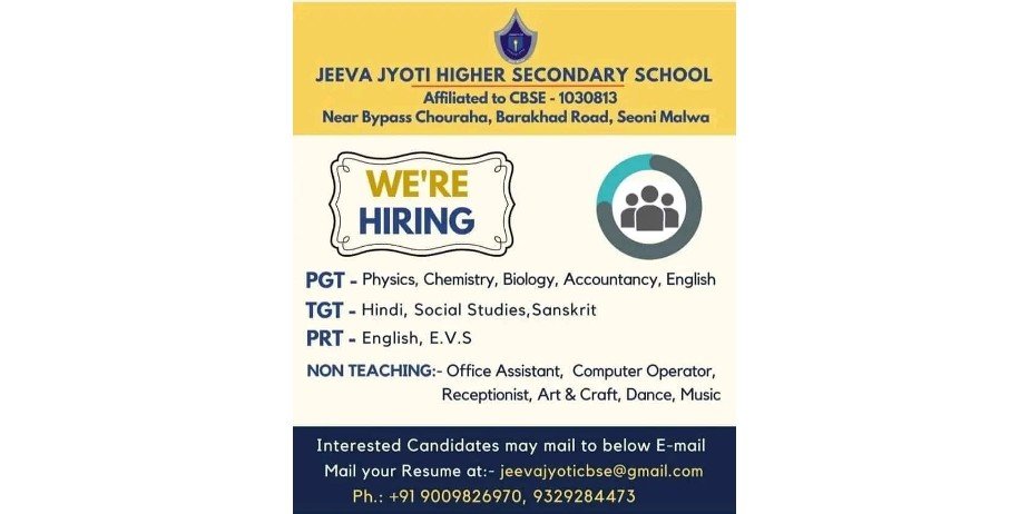 Teaching & Non Teaching Job Openings in Jeeva Jyoti Higher Secondary School, Seoni Malwa, Madhya Pradesh